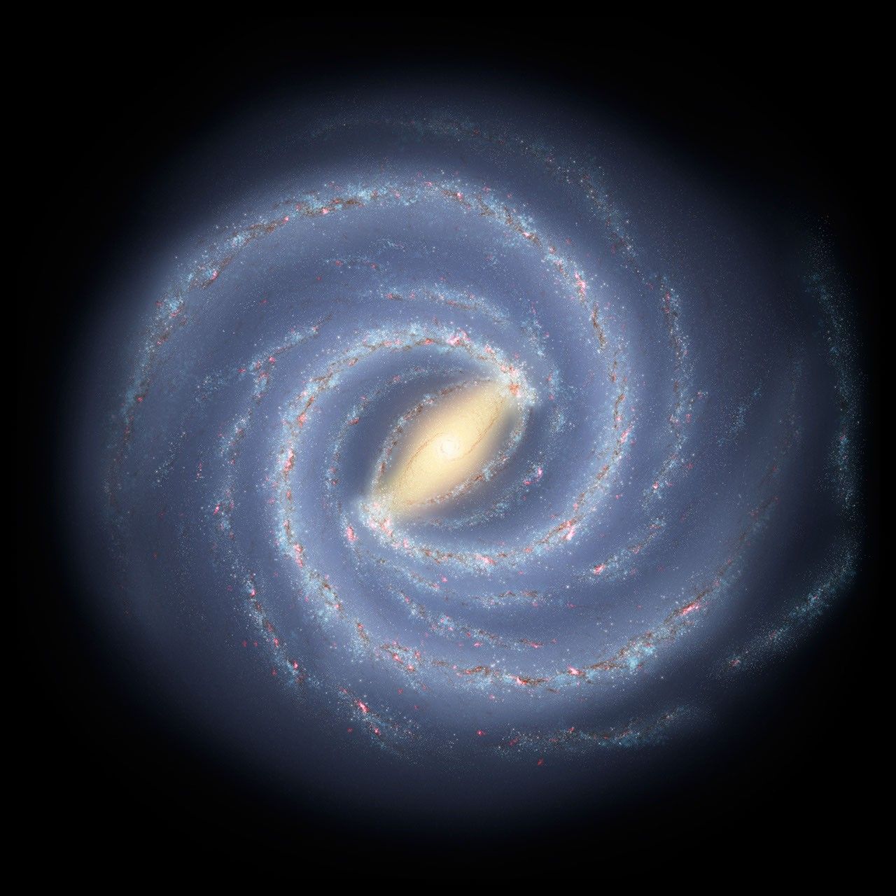 NASA artist’s concept of the Milky Way, with spiral arms wrapping around a bright central bar.